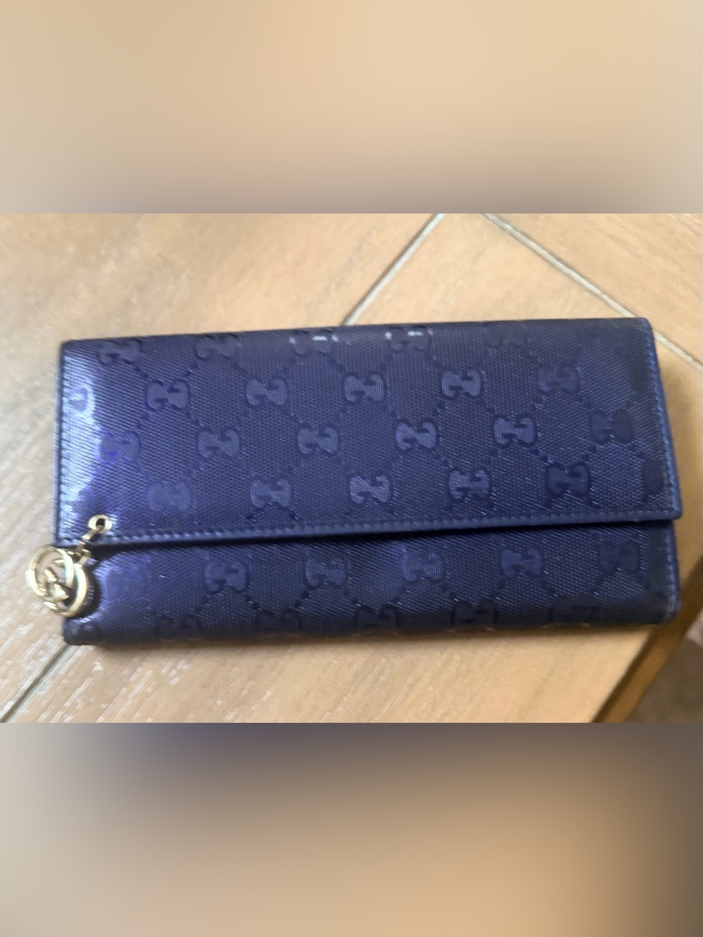 Gucci Dark Blue GG Signature Clutch Wallet with Gold Charm